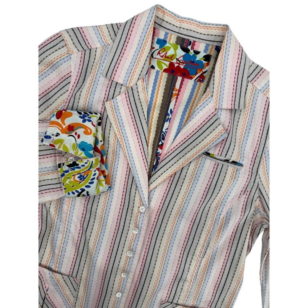 Robert Graham Womens Multi Color Striped Cotton Silk Trim Blazer Jacket Size 8